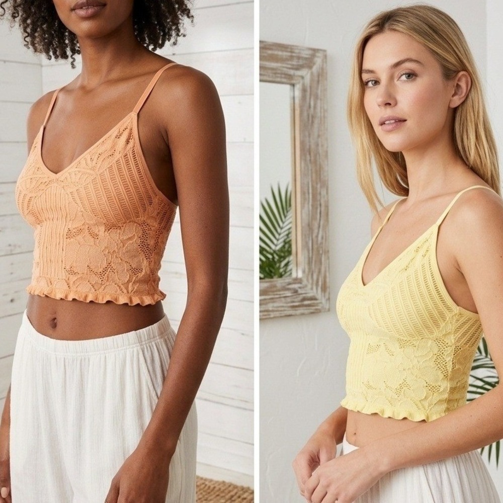 Fornia Seamless Lace Bralette Bundle Peach Yellow Crop Top Cami M/L Lot of 2